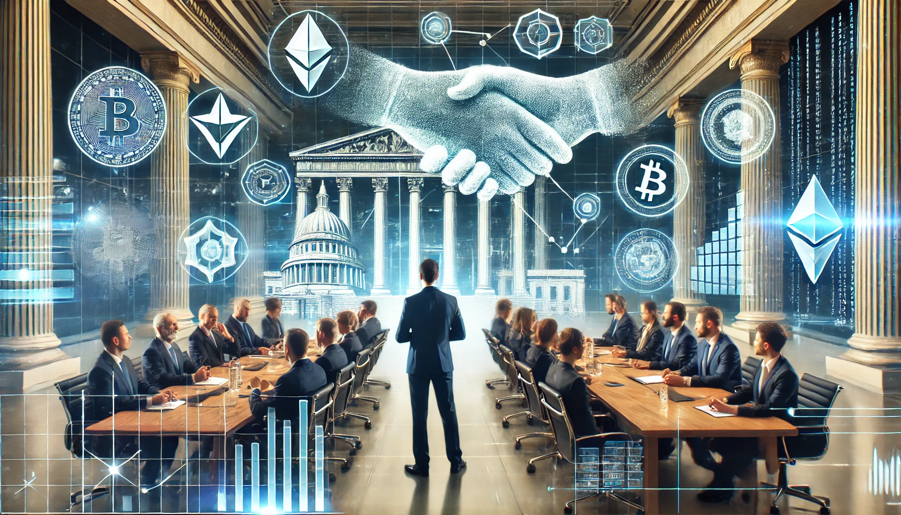 政策委員会委員長が示す米国仮想通貨業界との新たな関係性の画像を横長で描いてください